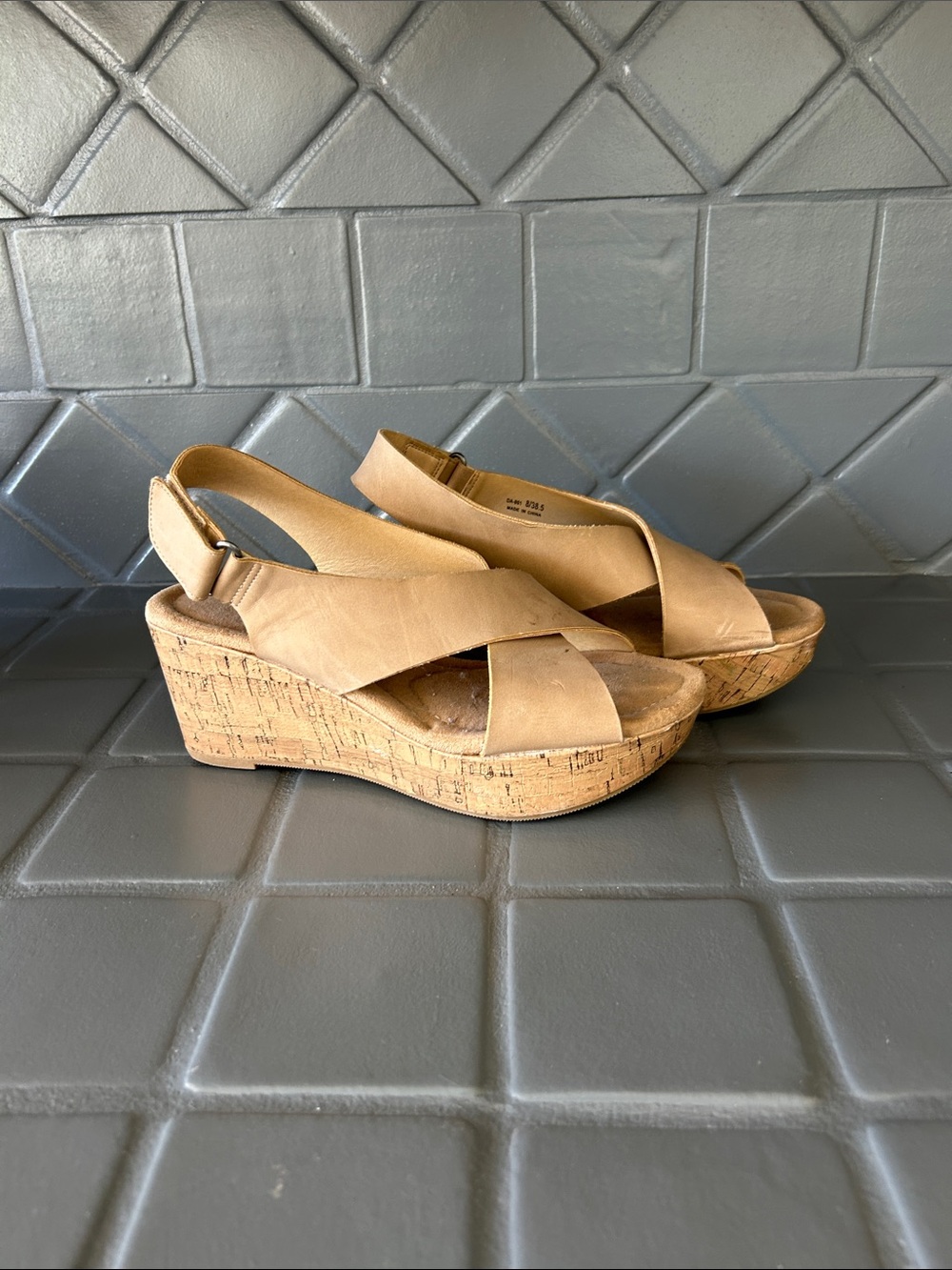 Wedge Sandals - Tan Crisscross Slingback